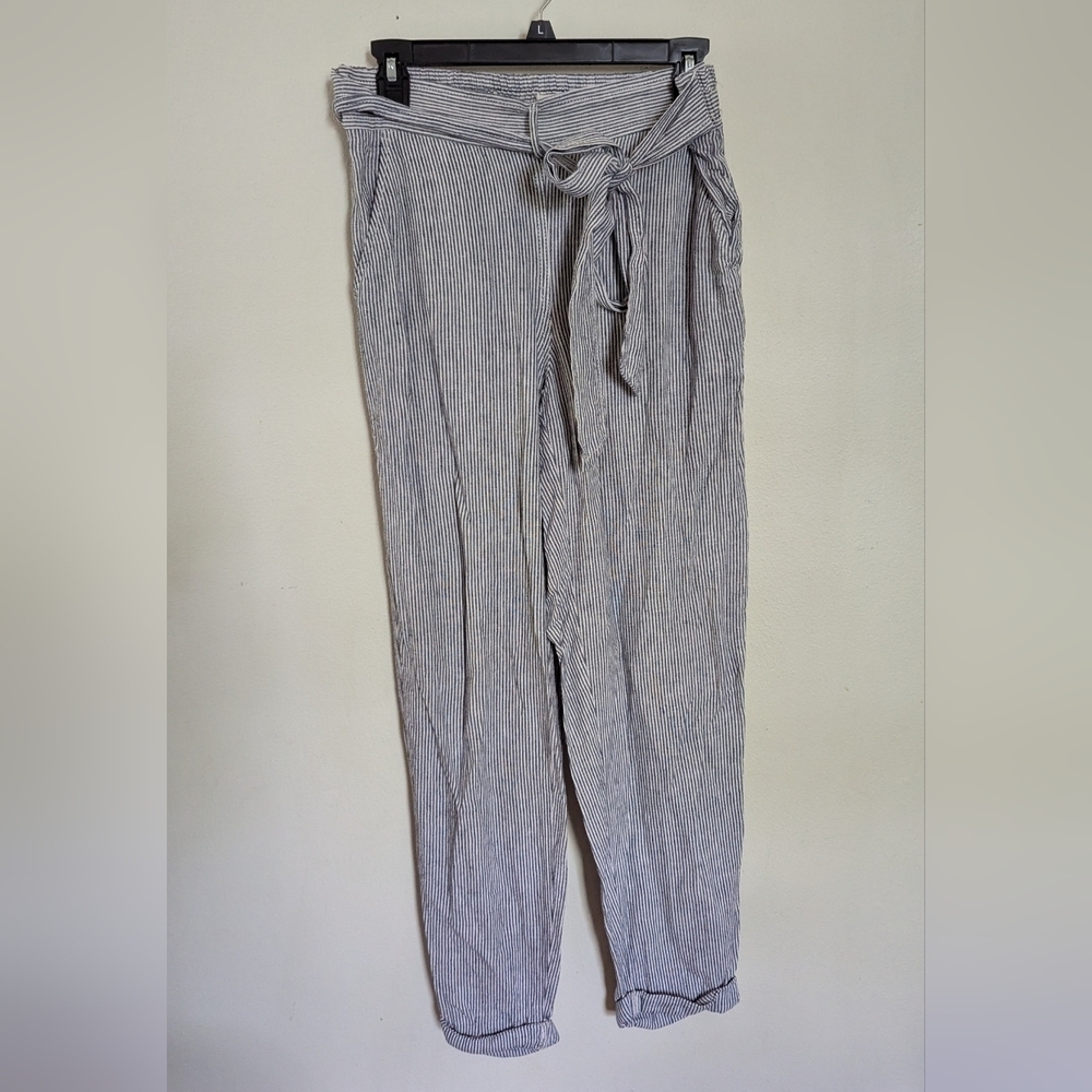 Max Studio Blue + White Striped Linen-Blend Pants Cuffed Belted Women's Size S